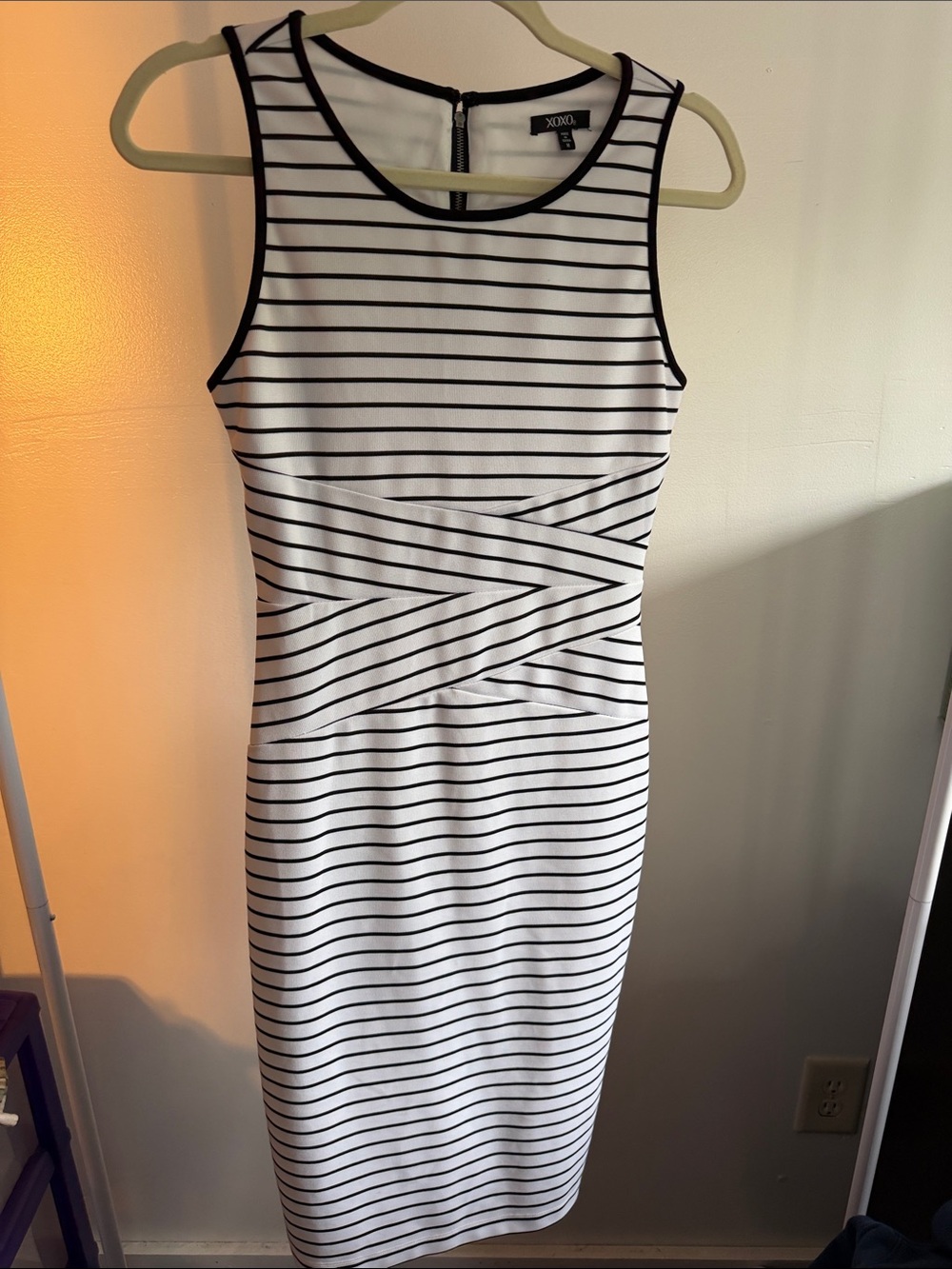 XOXO Black and White Striped Midi Sheath Dress with Waist Detail